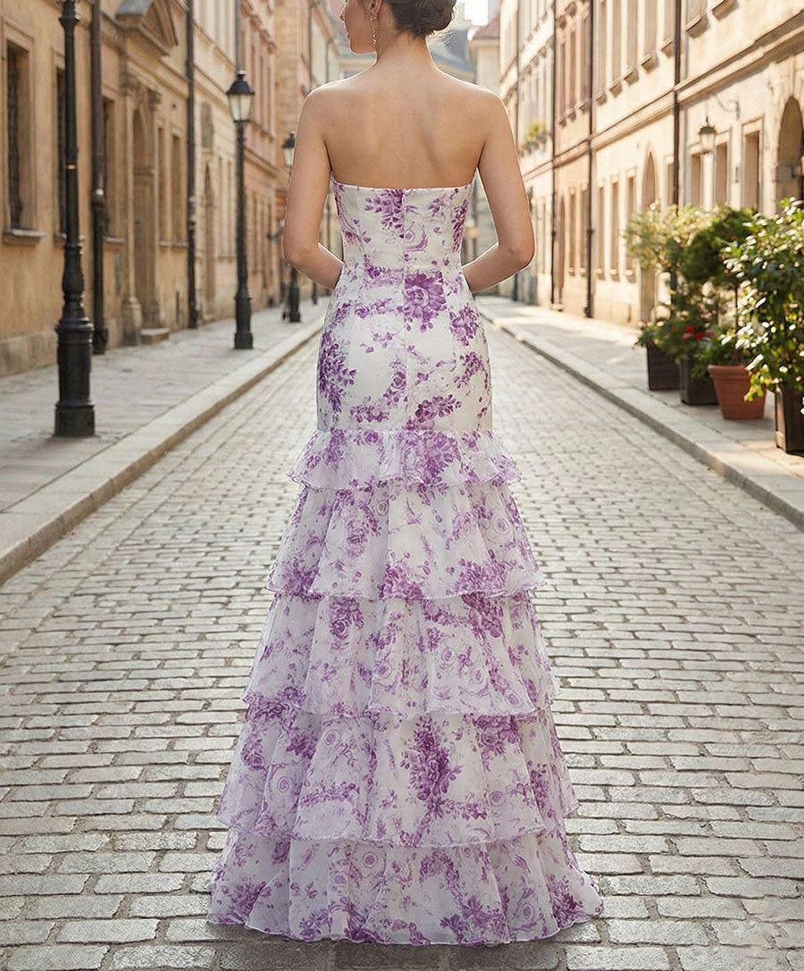 Flower Mermaid Strapless Tiered Print Long Prom Dress with Ruffles
