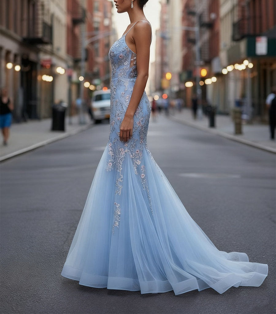 Plunging V-Neck Tulle Mermaid Prom Dress with Floral Embroidery