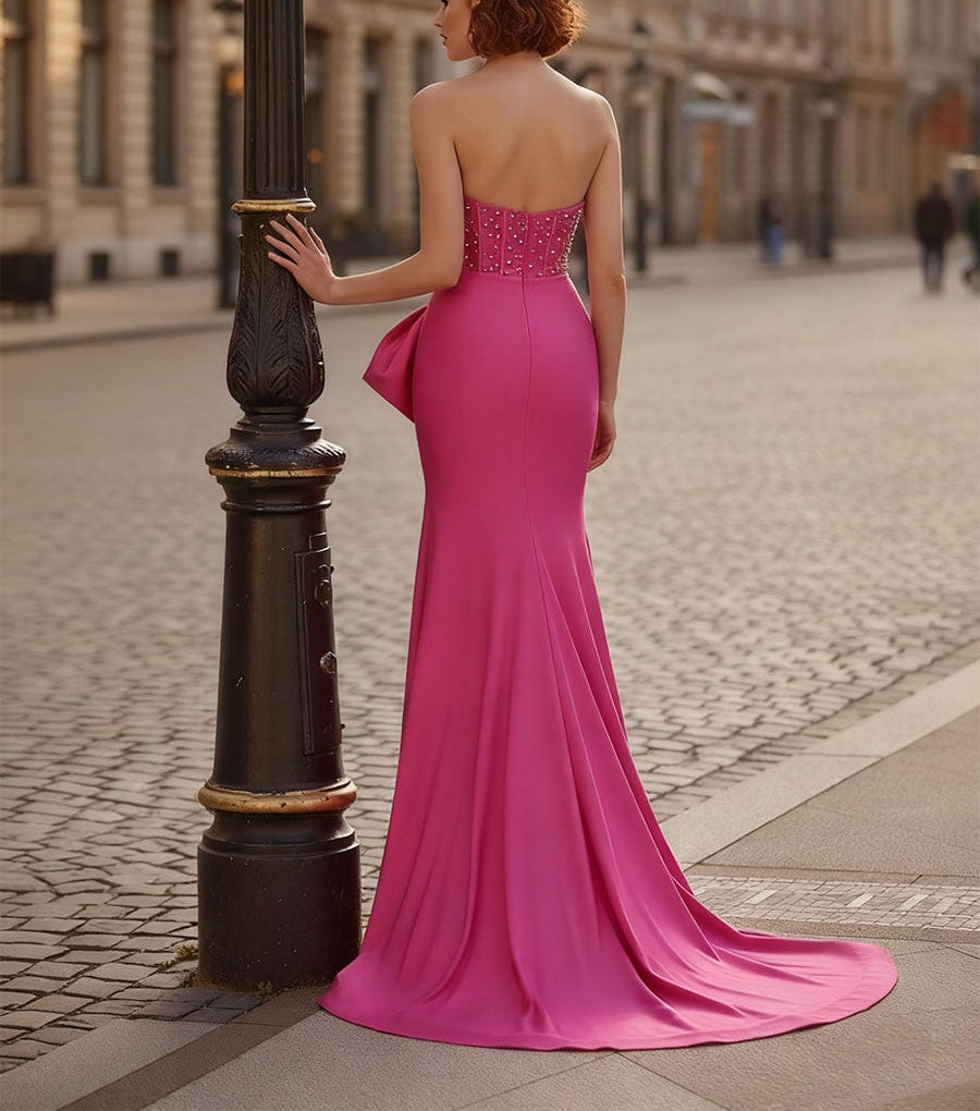 Glamorous Jeweled Bodice Long Prom Dress with Satin Bow