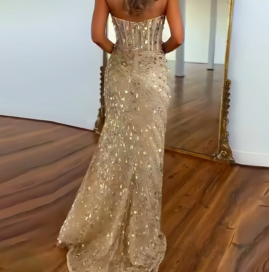 Sweetheart Mermaid Sequins Long Prom Dress with Slit