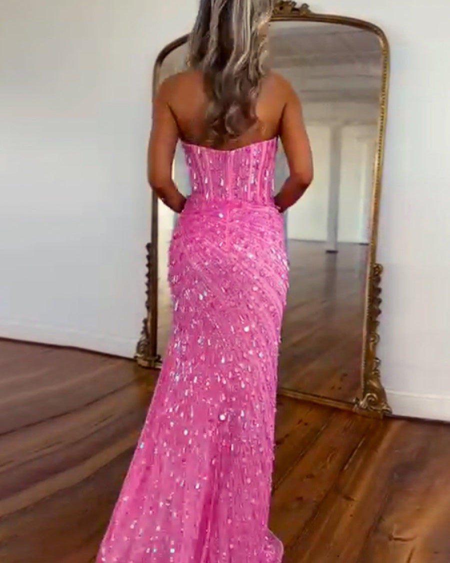 Sweetheart Mermaid Sequins Long Prom Dress with Slit