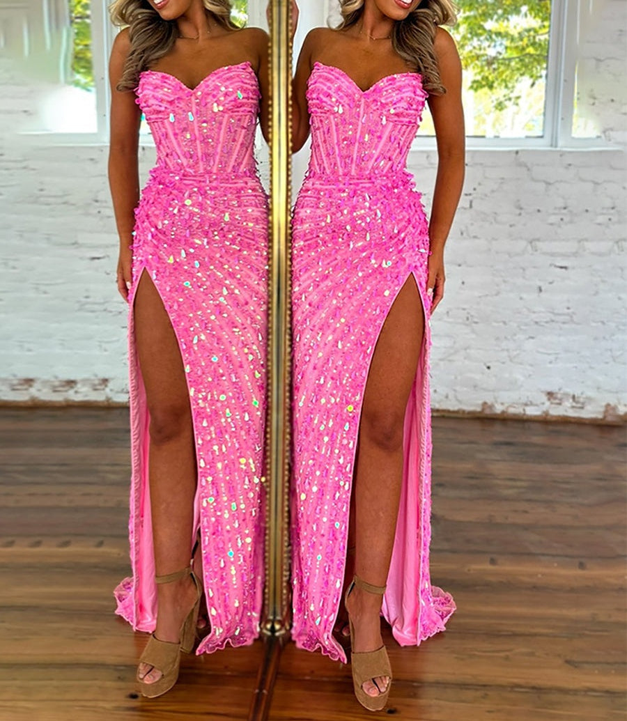 Sweetheart Mermaid Sequins Long Prom Dress with Slit