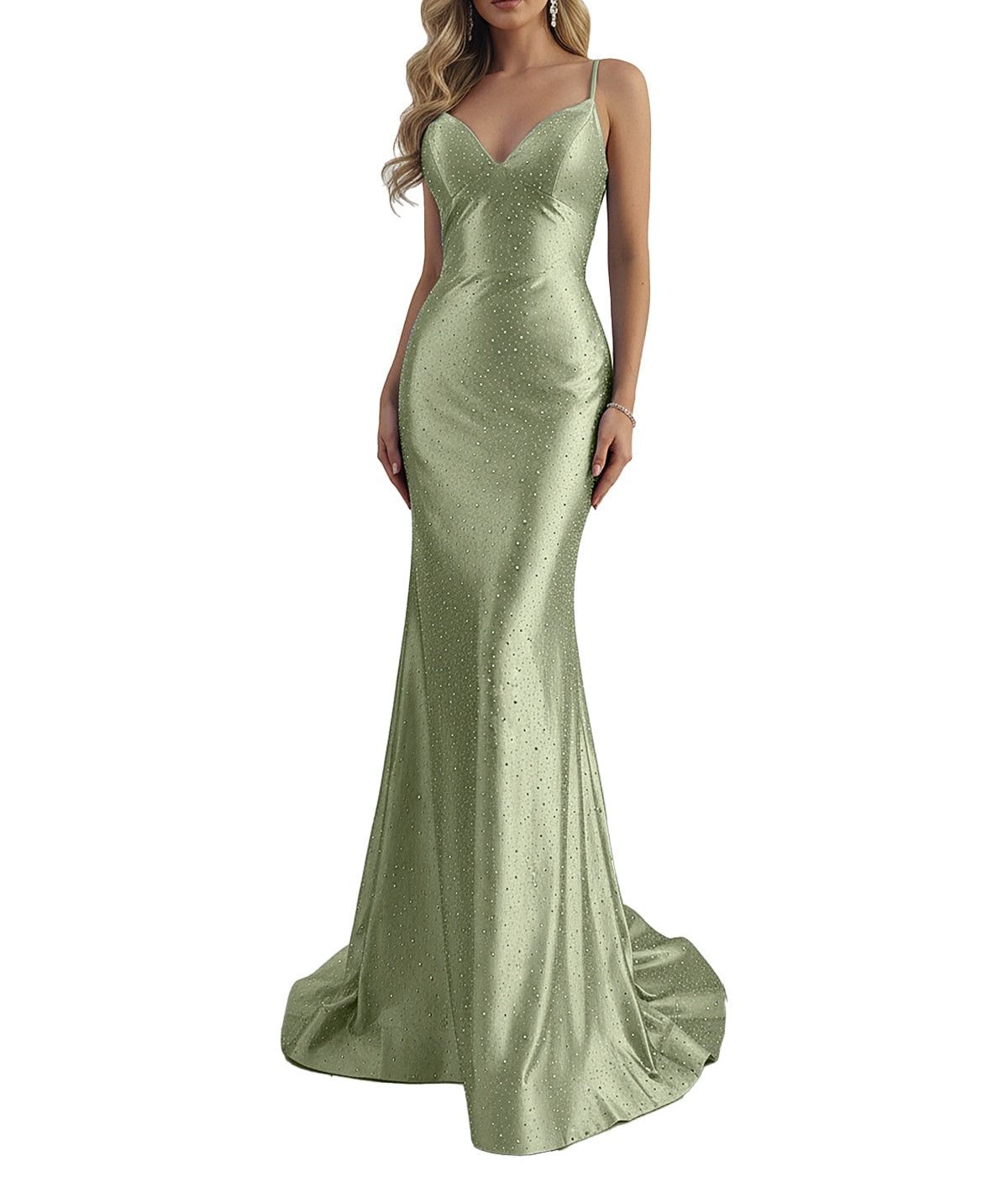 Blue Mermaid Spaghetti Straps V-Neck Rhinestone Long Prom Dress