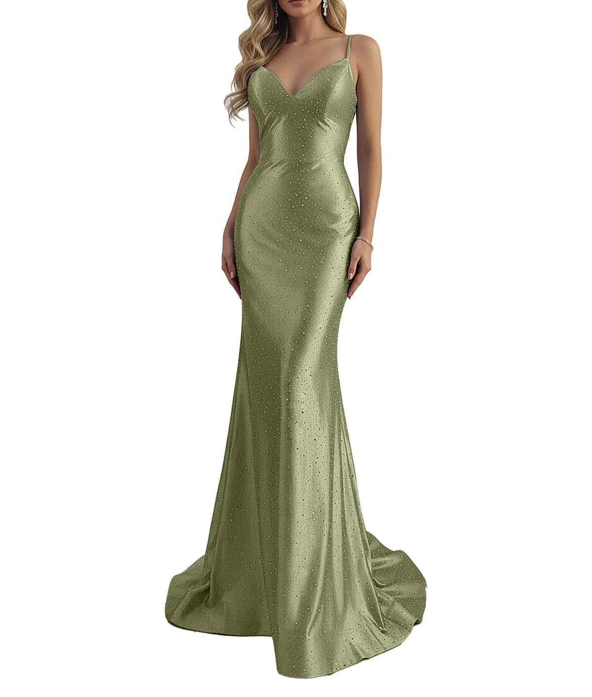 Blue Mermaid Spaghetti Straps V-Neck Rhinestone Long Prom Dress