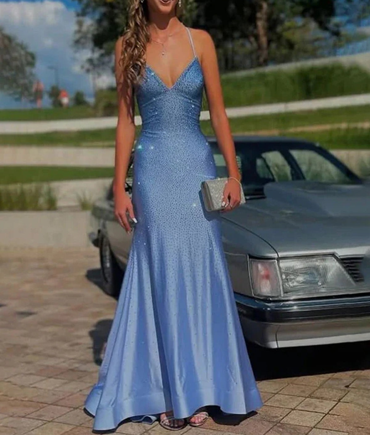 Blue Mermaid Spaghetti Straps V-Neck Rhinestone Long Prom Dress