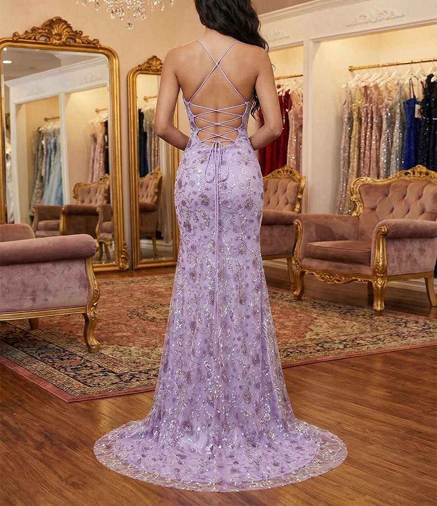 Lilac Floral V-Neck Embroidered Prom Dress with High Slit
