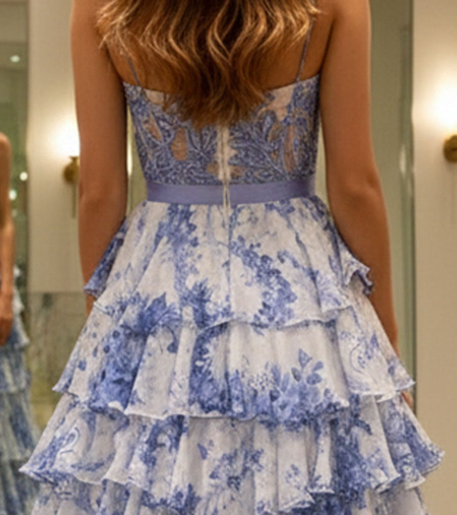 Blue Floral Spaghetti Straps Print Tiered A-Line Prom Dress