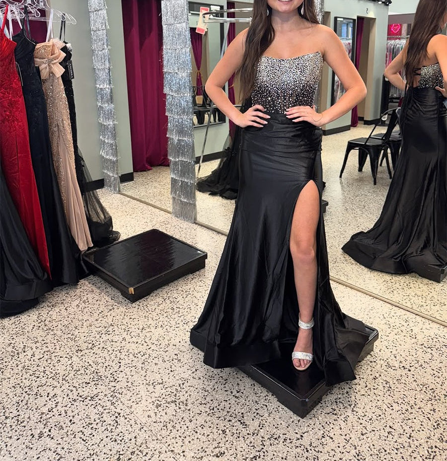 Black Satin Strapless Crystal Beaded Corset Prom Dress with High Slit
