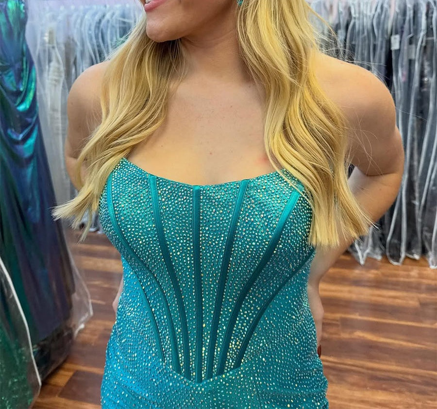 Hot Pink Strapless Beaded Corset Prom Dress with Slit