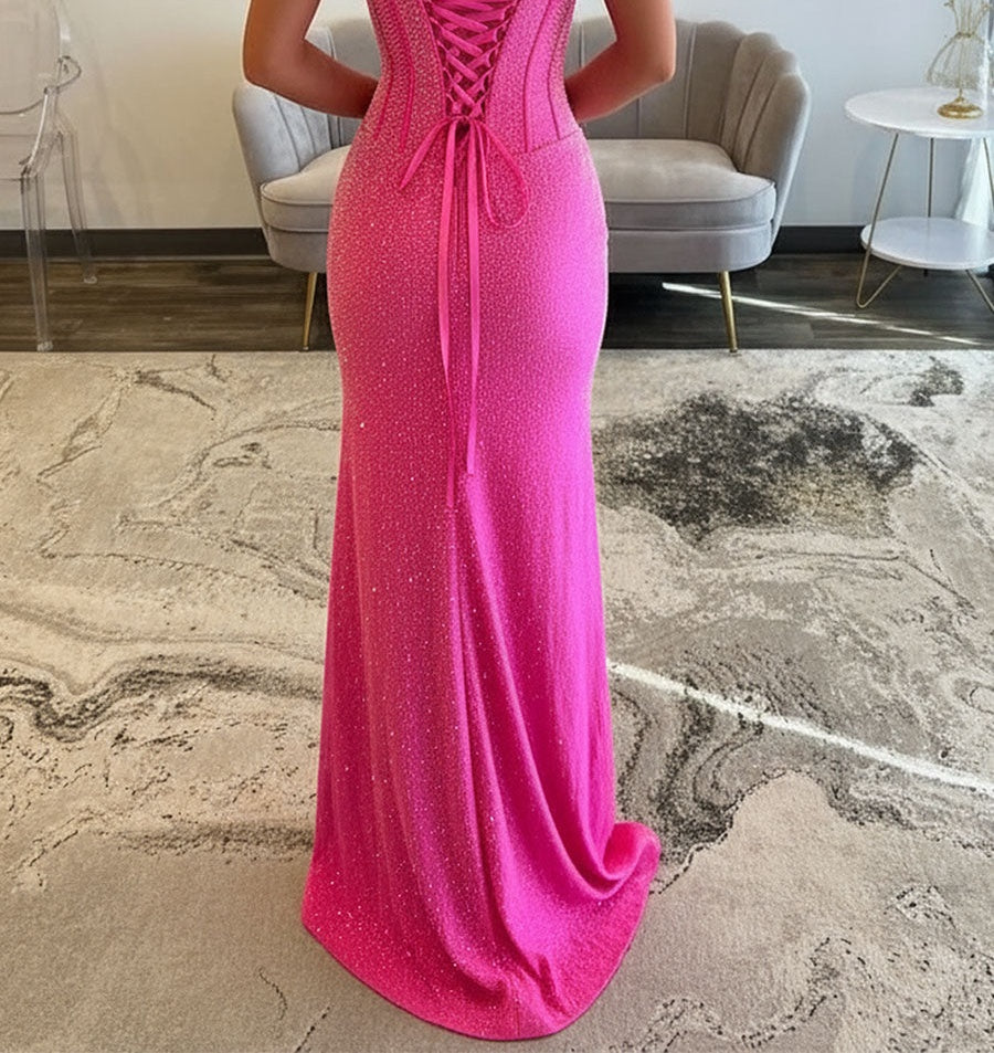 Hot Pink Strapless Beaded Corset Prom Dress with Slit