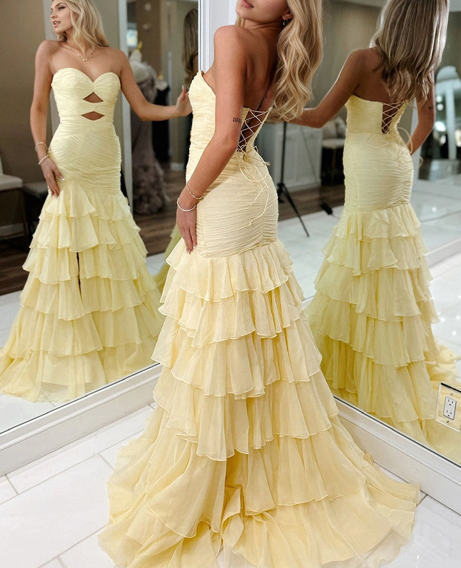 Yellow Strapless Mermaid Cutouts Ruffled Tiered Corset Back Prom Dress with Slit