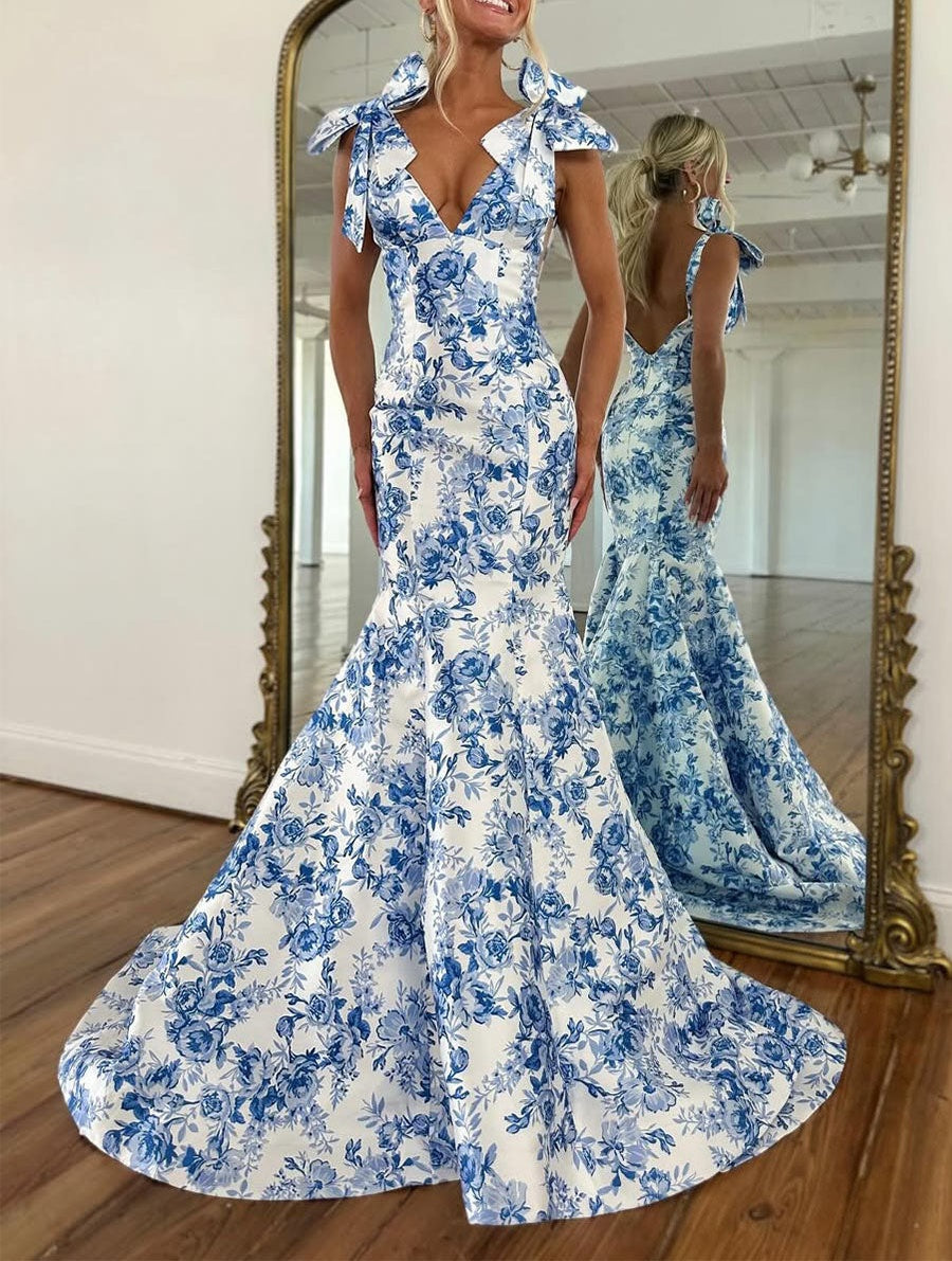 Blue Floral Mermaid V Neck Prom Dress with Tie-Shoulder Bow Straps