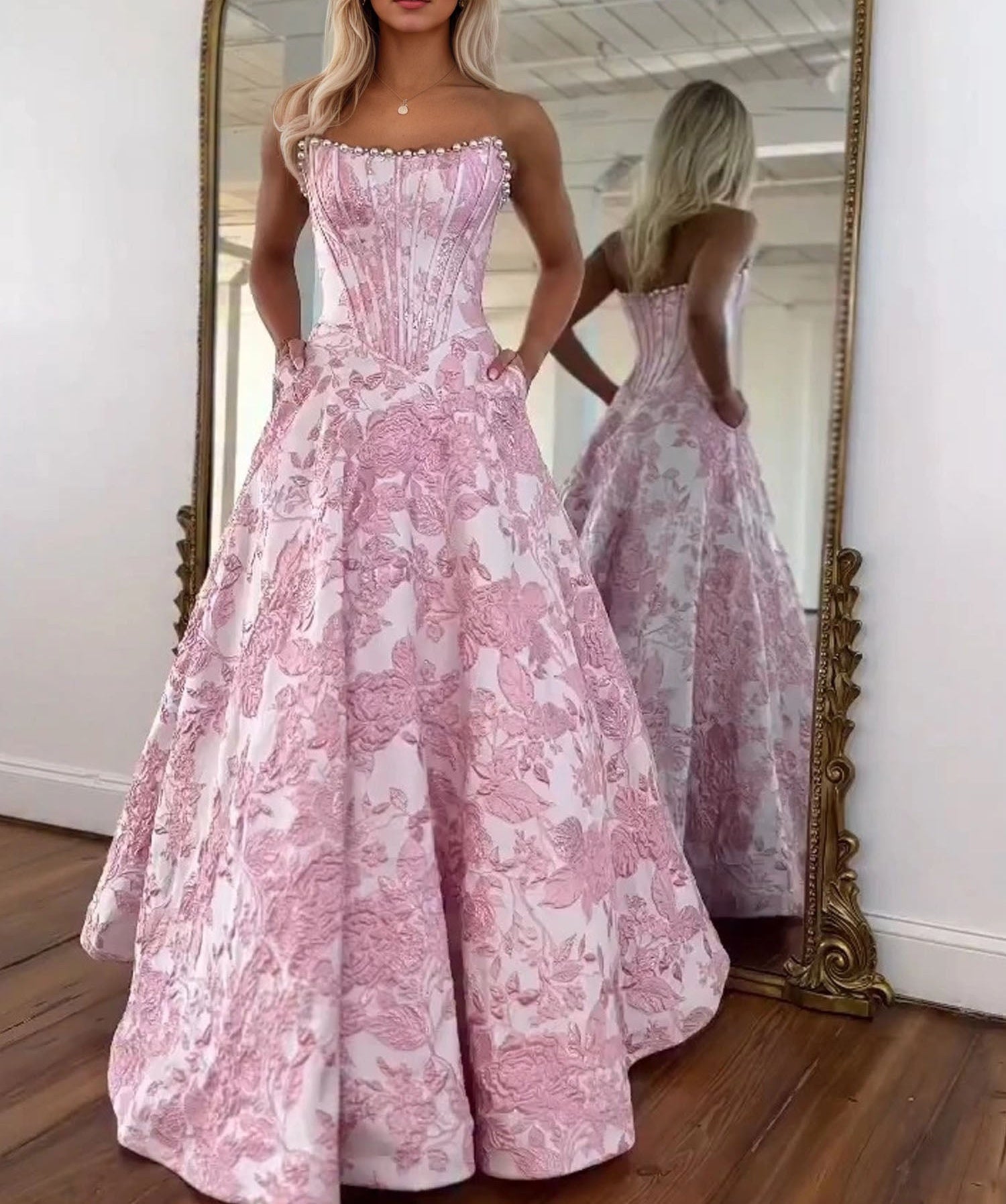 Prom Dresses 3D Floral Strapless Evening Party Dresses with Bead