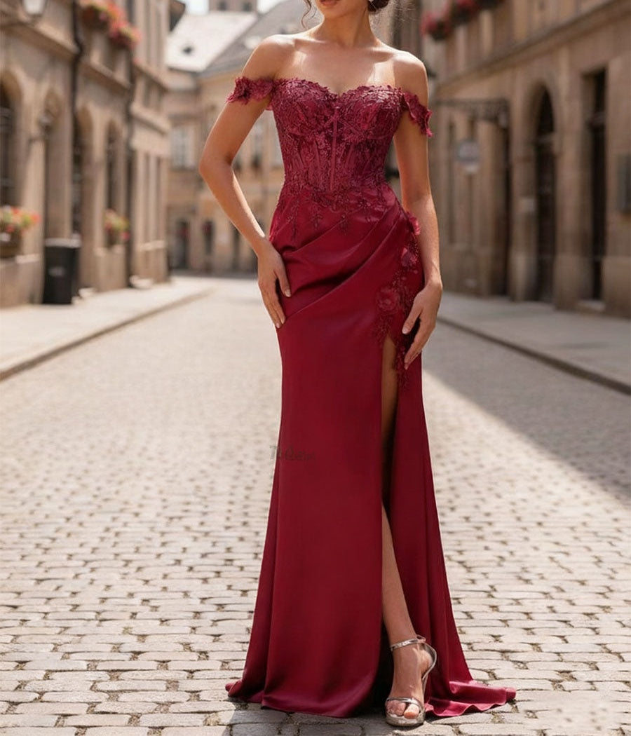 Sheath Off-The-Shoulder Appliques Lace Corset Prom Dress with Slit