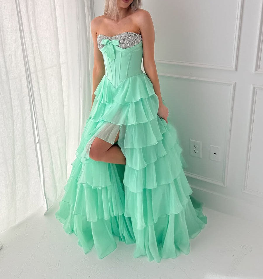 A Line Sweetheart Tiered Chiffon Long Prom Dress with Beading