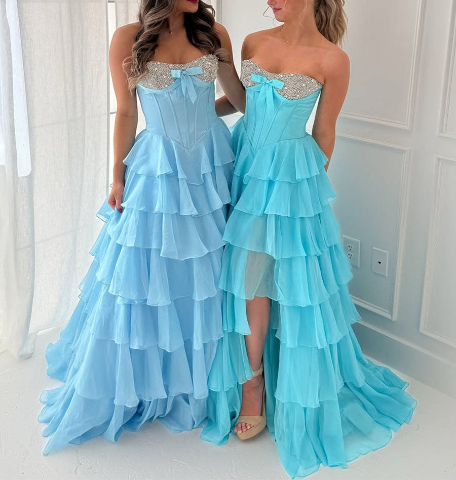 A Line Sweetheart Tiered Chiffon Long Prom Dress with Beading