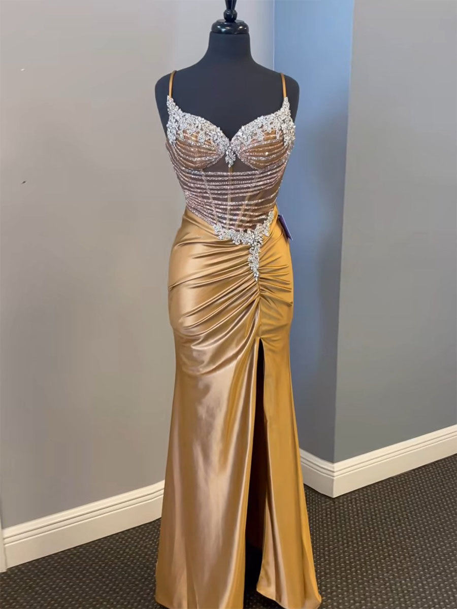 Glamorous Cascading Crystal Beaded Bodice Prom Dress with Slit