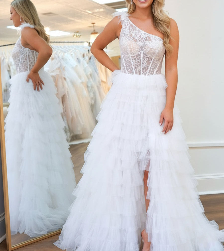 One-Shoulder Sheer Lace Corset Tiered Tulle Prom Dress