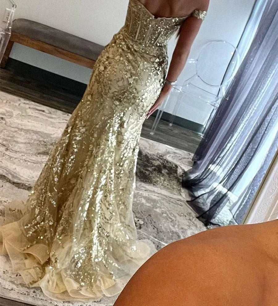 Off-the-Shoulder Sequin Lace Mermaid Long Porm Dress with Slit