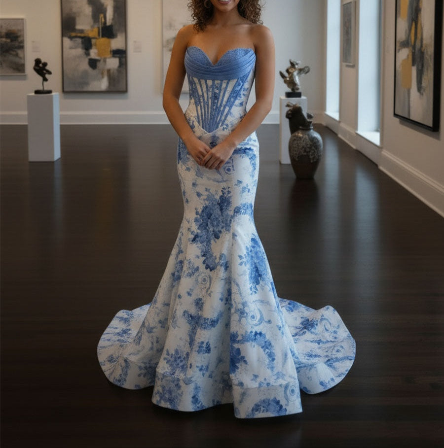 Blue Mermaid Strapless Sweetheart Floral Long Prom Dress