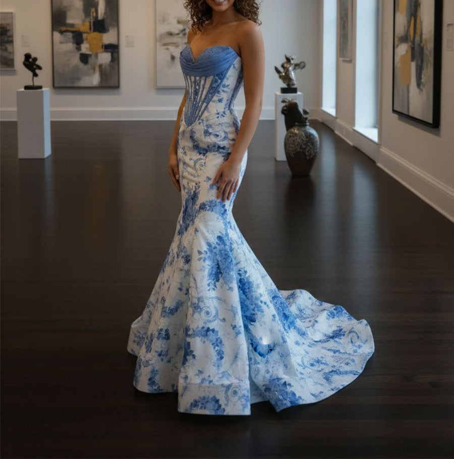 Blue Mermaid Strapless Sweetheart Floral Long Prom Dress