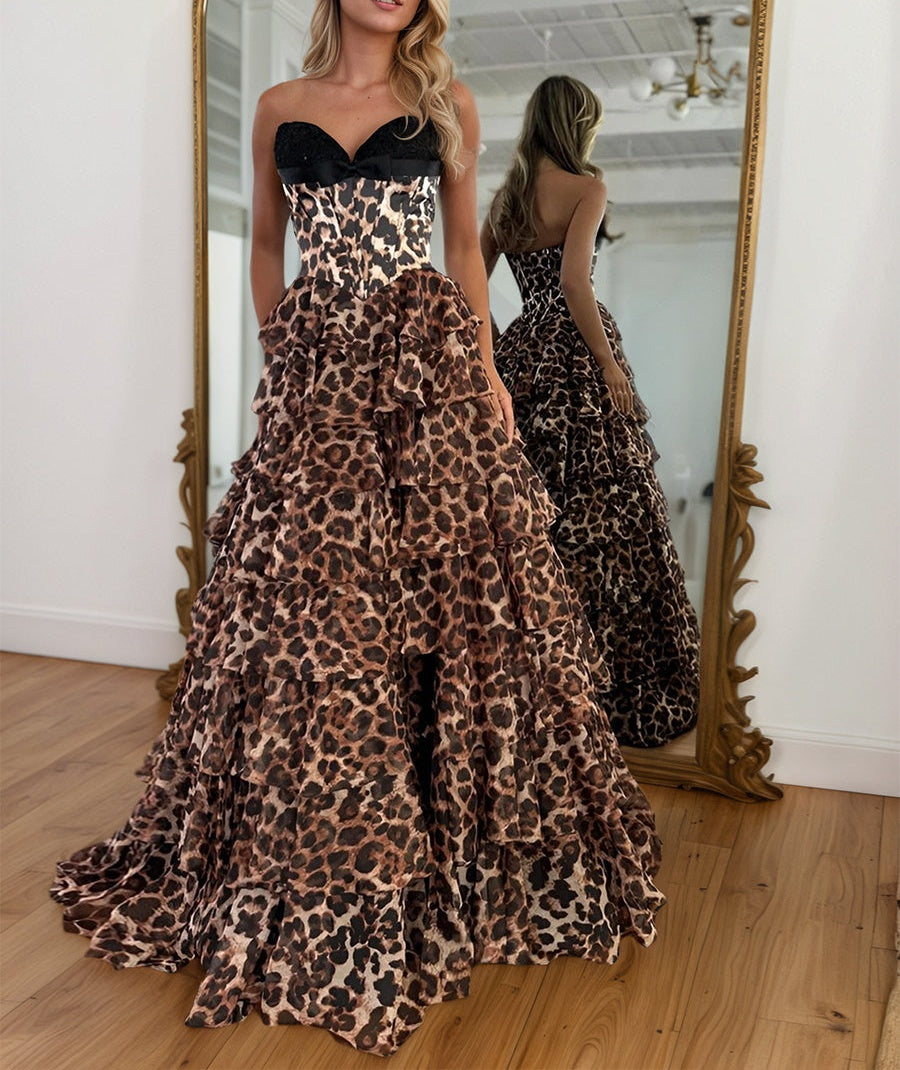 Brown Leopard Print Strapless Tiered Ruffles Long Prom Dress