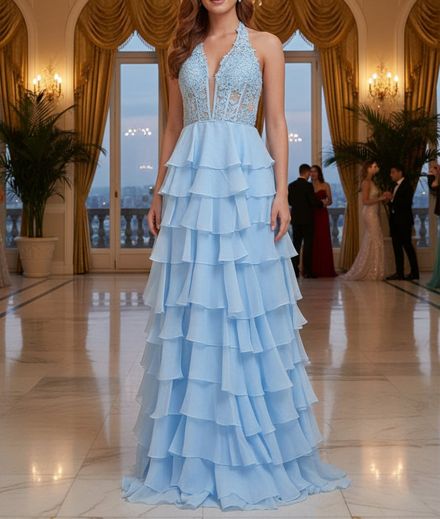 Halter Lace Appliques Chiffon Ruffle Prom Dress with Slit