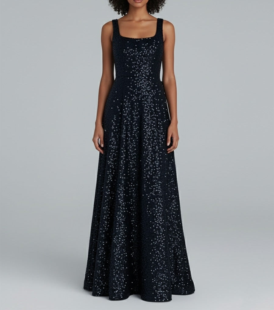 Sparkly A Line Square Neck Long Prom Dress with Bow