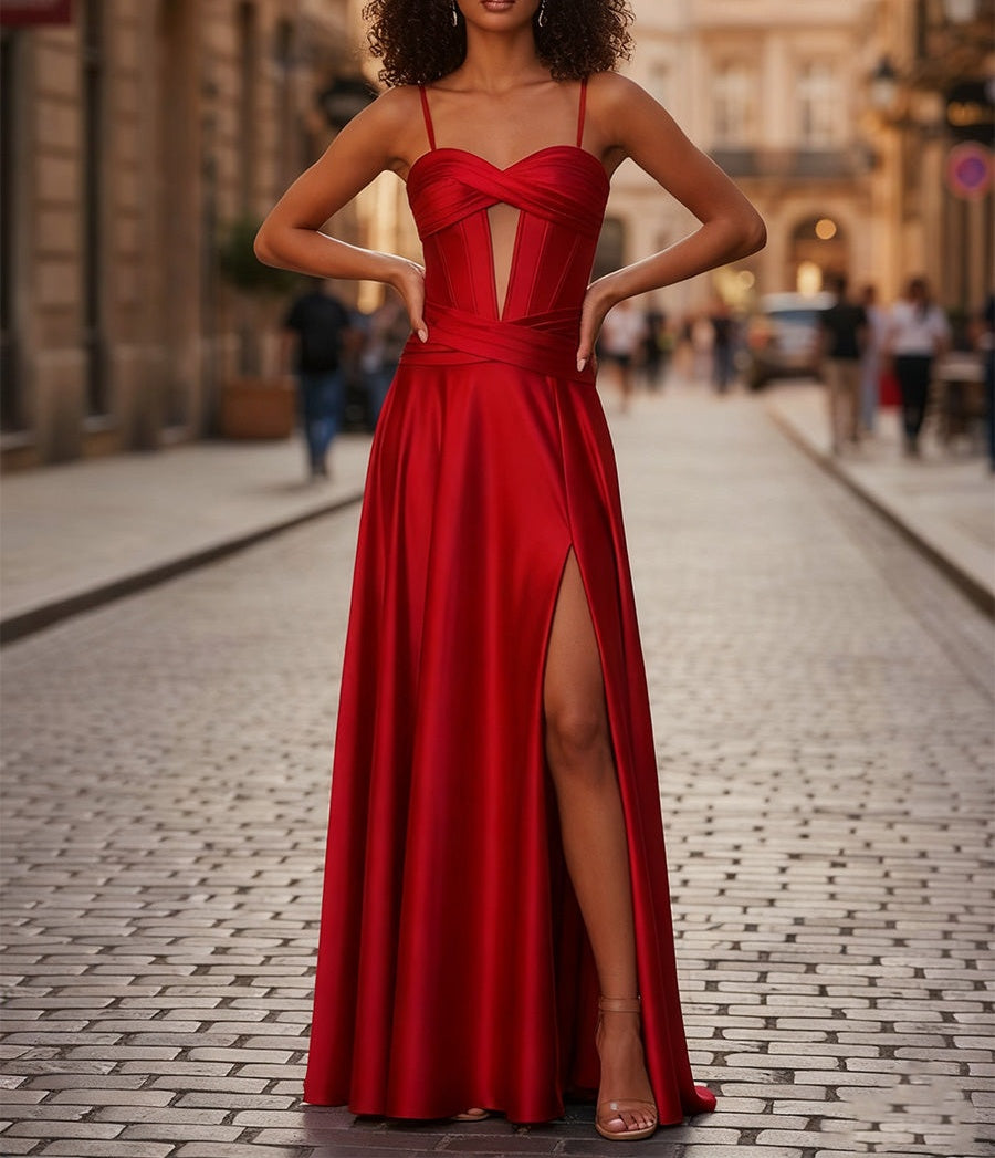 A-Line Pleated Corset Prom Dress with Slit Detachable Straps
