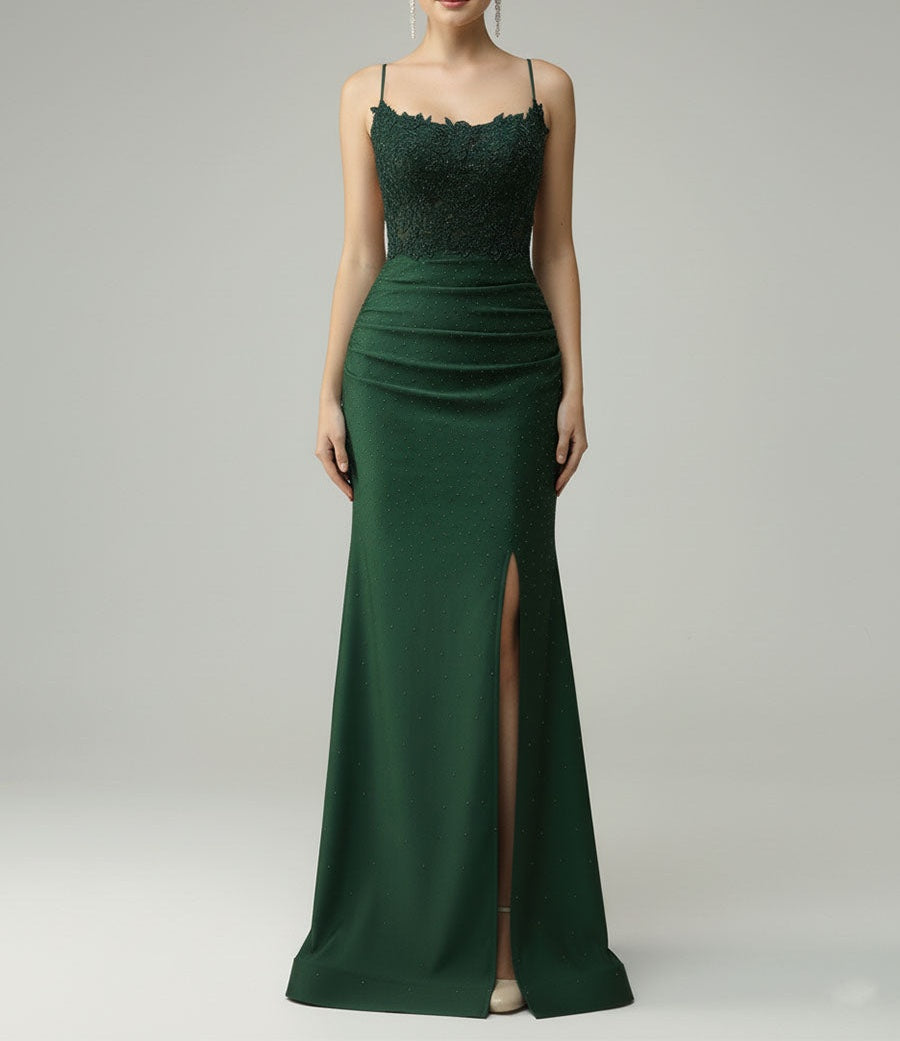 Spaghetti Straps Mermaid Halter Beaded Long Prom Dress with Slit