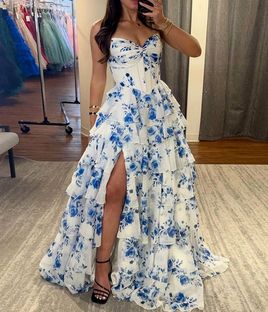 A-Line Strapless V-Neck Tiered Printing Long Prom Dress