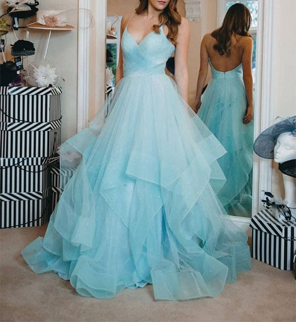 Blue A Line Spaghetti Straps V Neck Tulle Long Prom Dress