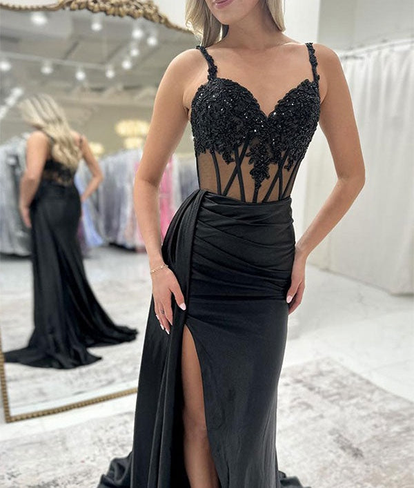 Black Mermaid Corset Side Cape Long Prom Dress with Slit