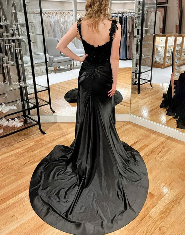 Black Mermaid Appliques Pleated Long Prom Dress with Slit