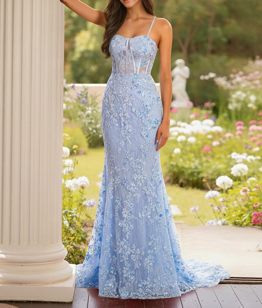 Blue Floral Corset Bodice Spaghetti Straps Lace Applique Prom Dress Blue