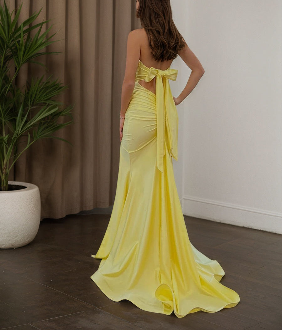 Yellow Strapless Sweetheart Neckline Ruched Prom Dress with Thigh Slit