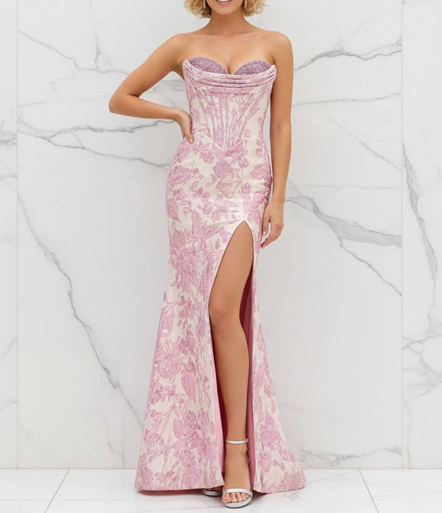 Glamorous Pink Floral Jacquard Corset Prom Dress with Beaded Bustier