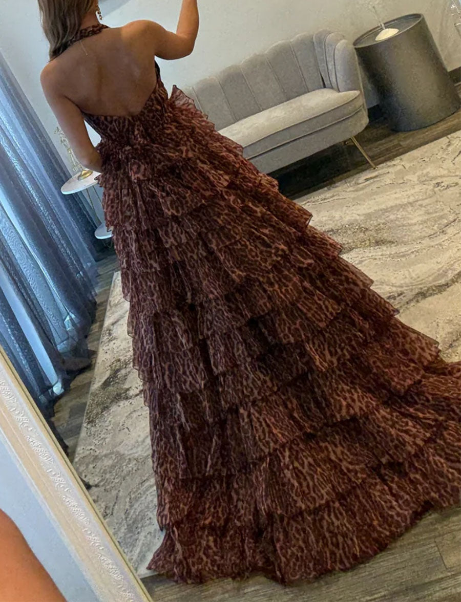 Leopard Print Tiered Ruffle Halter Long Prom Dress