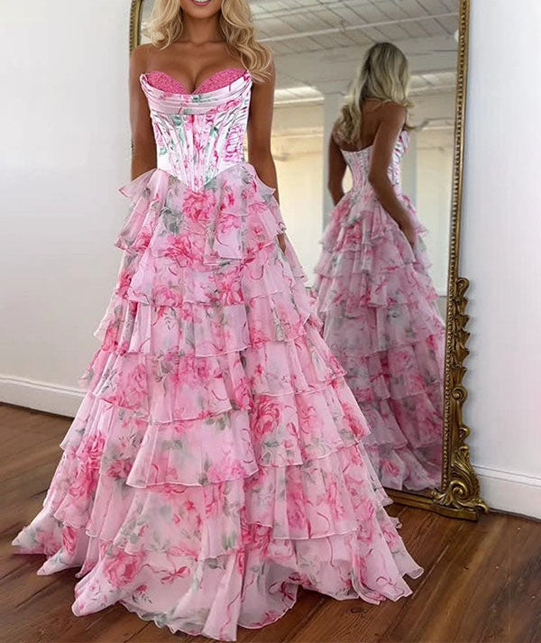 Pink Floral Ruffled Tiered Corset Long Prom Dress with Slit