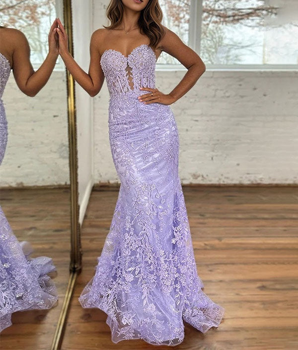 Lavender Strapless Lace Corset Bodice Mermaid Long Prom Dress