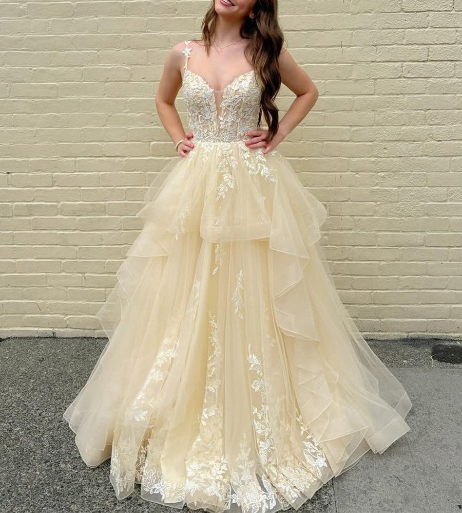 Yellow Tiered Tulle A-Line Long Prom Dress with Floral Lace