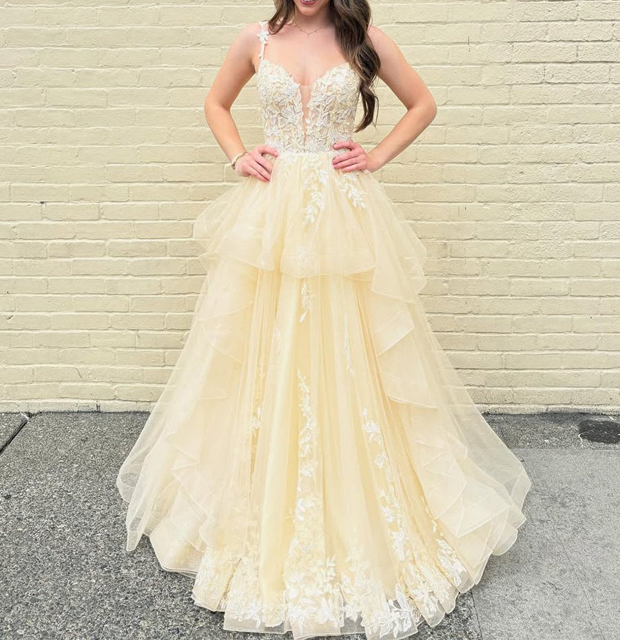 Yellow Tiered Tulle A-Line Long Prom Dress with Floral Lace