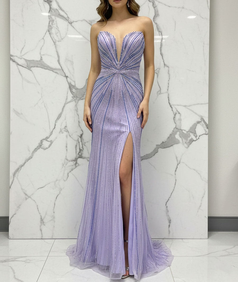 Glamorous Lilac Linear Beaded Long Prom Dress with Slit