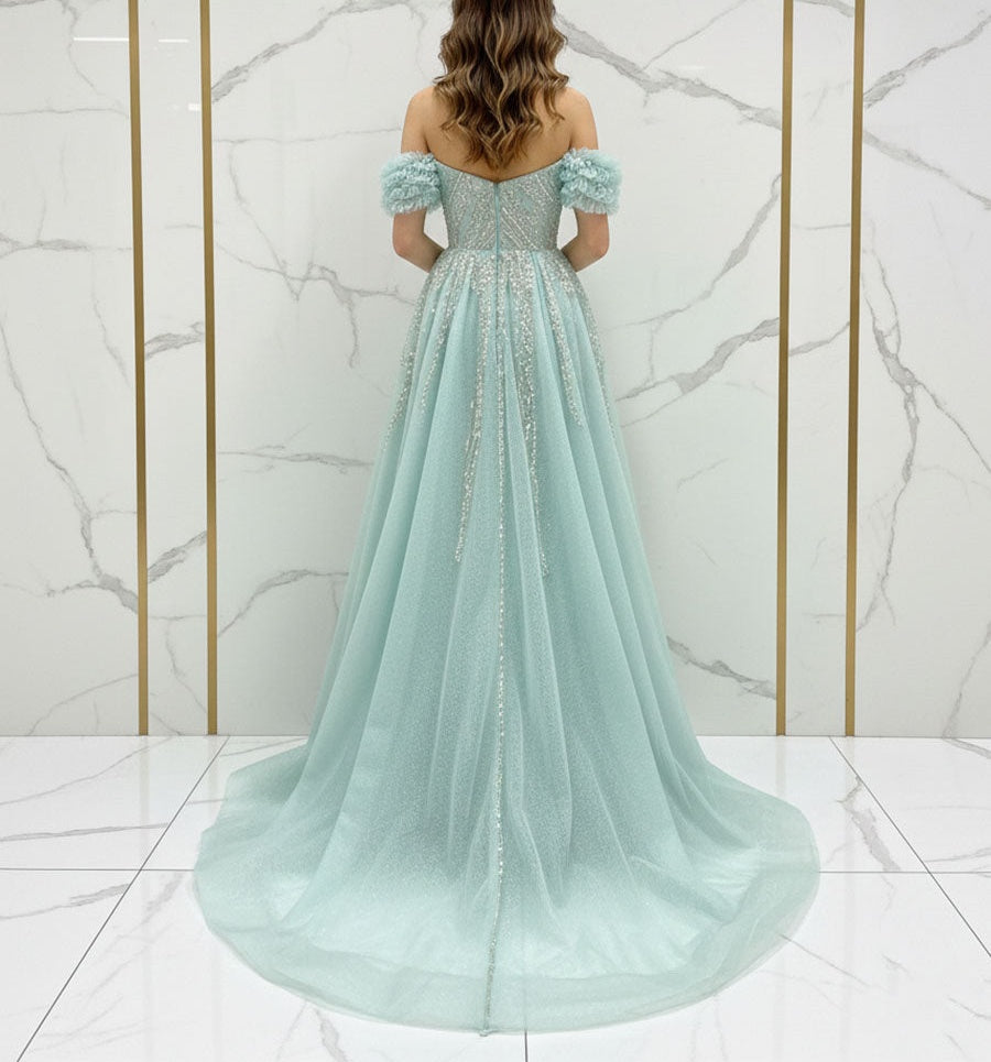 Sparkling Aqua Blue Off-the-Shoulder Beaded Prom Dress with Slit