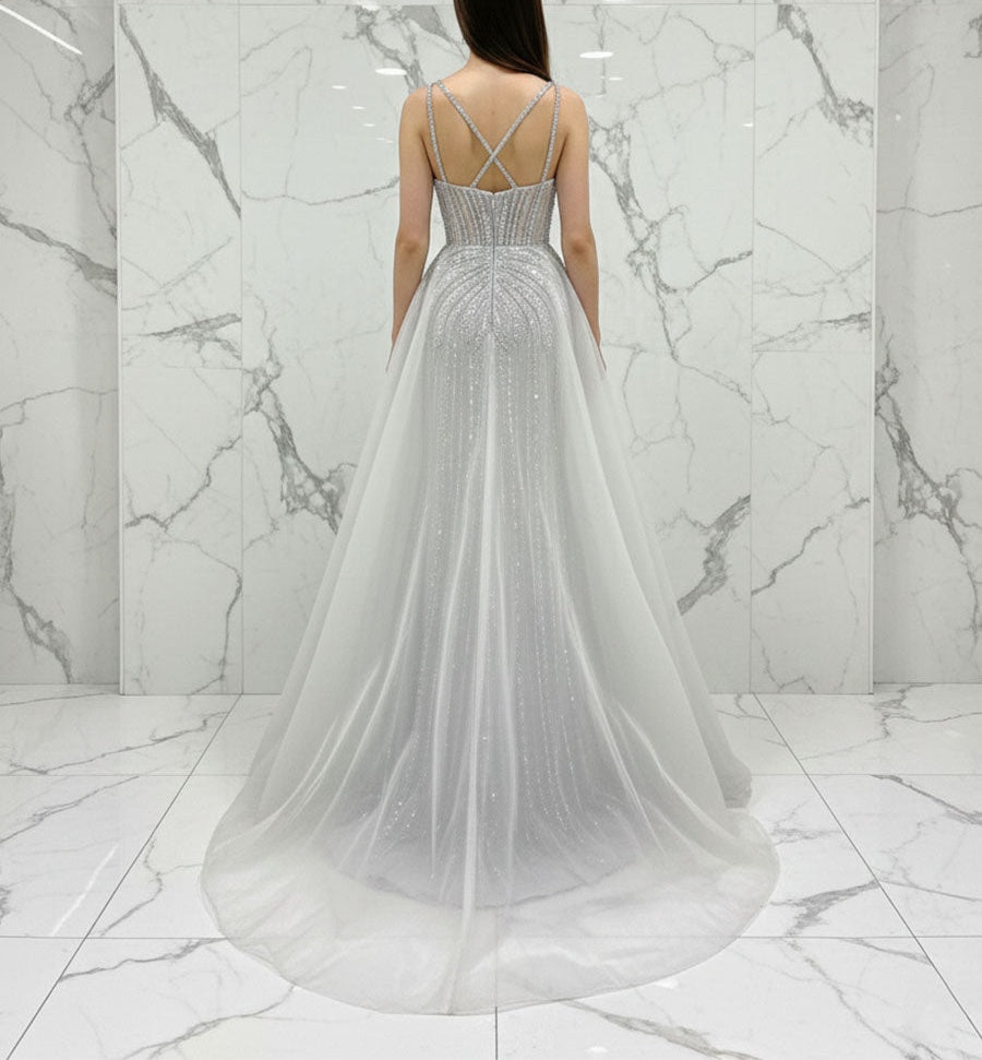 Celestial Silver Beaded Illusion Prom Dress with Overskirt