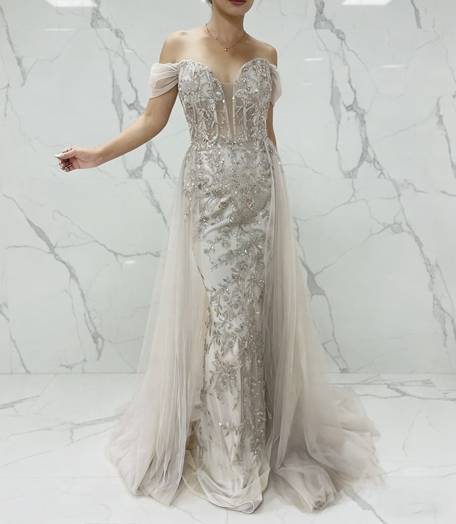 Luxurious Champagne Beaded Off-the-Shoulder Prom Dress with Tulle Train