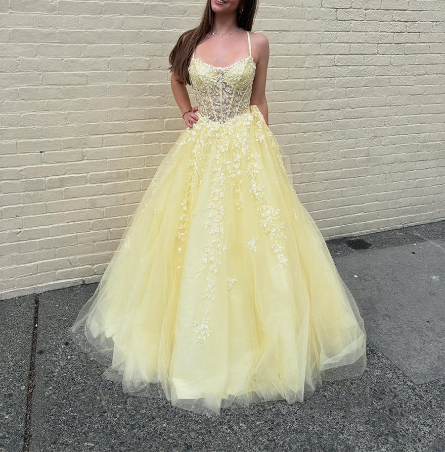 Yellow Floral A Line Lace Tulle Long Prom Dress with Appliqué