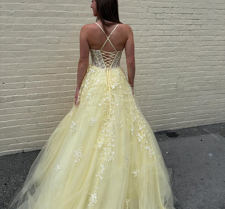 Yellow Floral A Line Lace Tulle Long Prom Dress with Appliqué