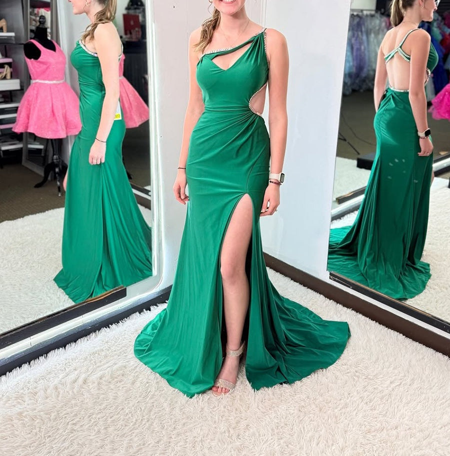 Emerald Green One-Shoulder Cutout Prom Dress with Rhinestone Trim
