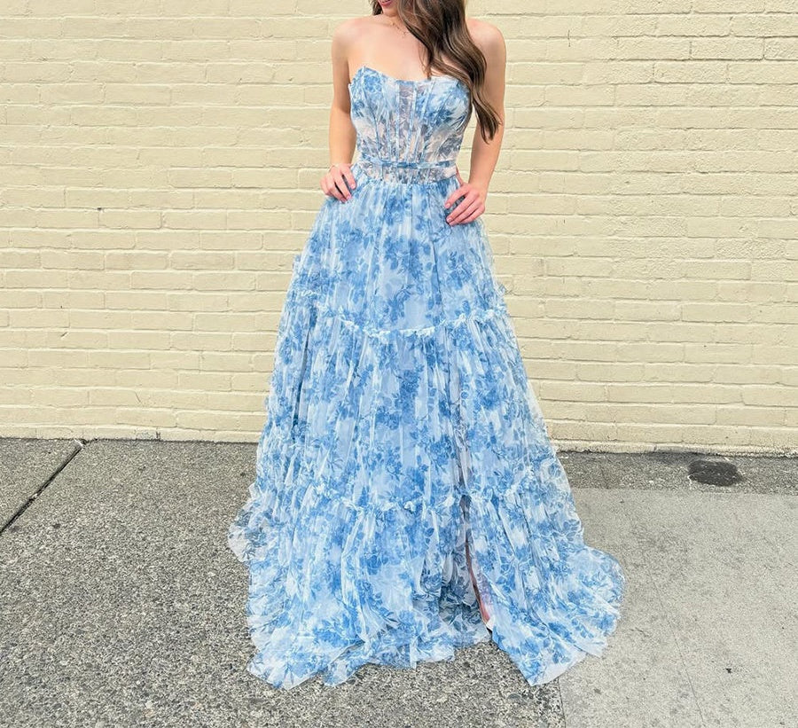 Romantic Blue Floral Strapless Tiered Corset Prom Dress